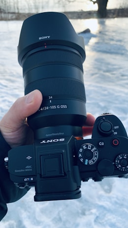 A hand holds a Sony camera with a large lens against a snowy background. The camera has visible labels, including 'optical SteadyShot,' '4K,' and model '&alpha;7S III.' The snowy surface is gently lit by sunlight, with some trees visible in the distance.