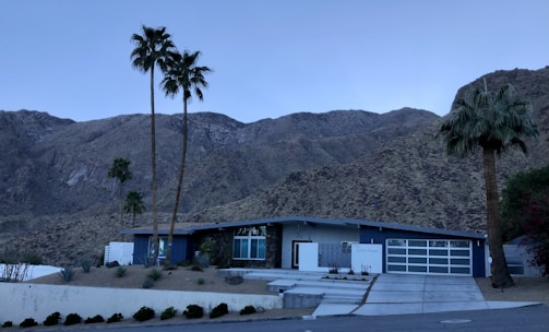 A modern, single-story house with a flat roof is situated in a desert landscape. The house has a large glass garage door and several windows. The exterior of the house is a mix of white and dark blue colors. There are a few palm trees near the house, and the background consists of rugged desert mountains.