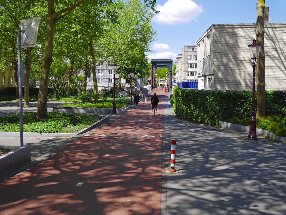 people walking on sidewalk near trees and building during daytime