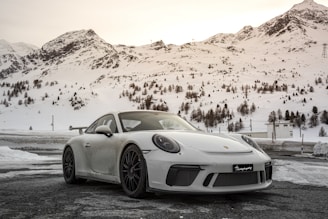 A sleek high-end vehicle parked on a snowy mountain pass with majestic alpine peaks in the background.