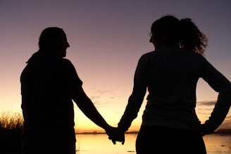 Two people hold hands against a scenic sunset backdrop. Their silhouettes are clearly defined as they face each other, suggesting a moment of connection and intimacy.