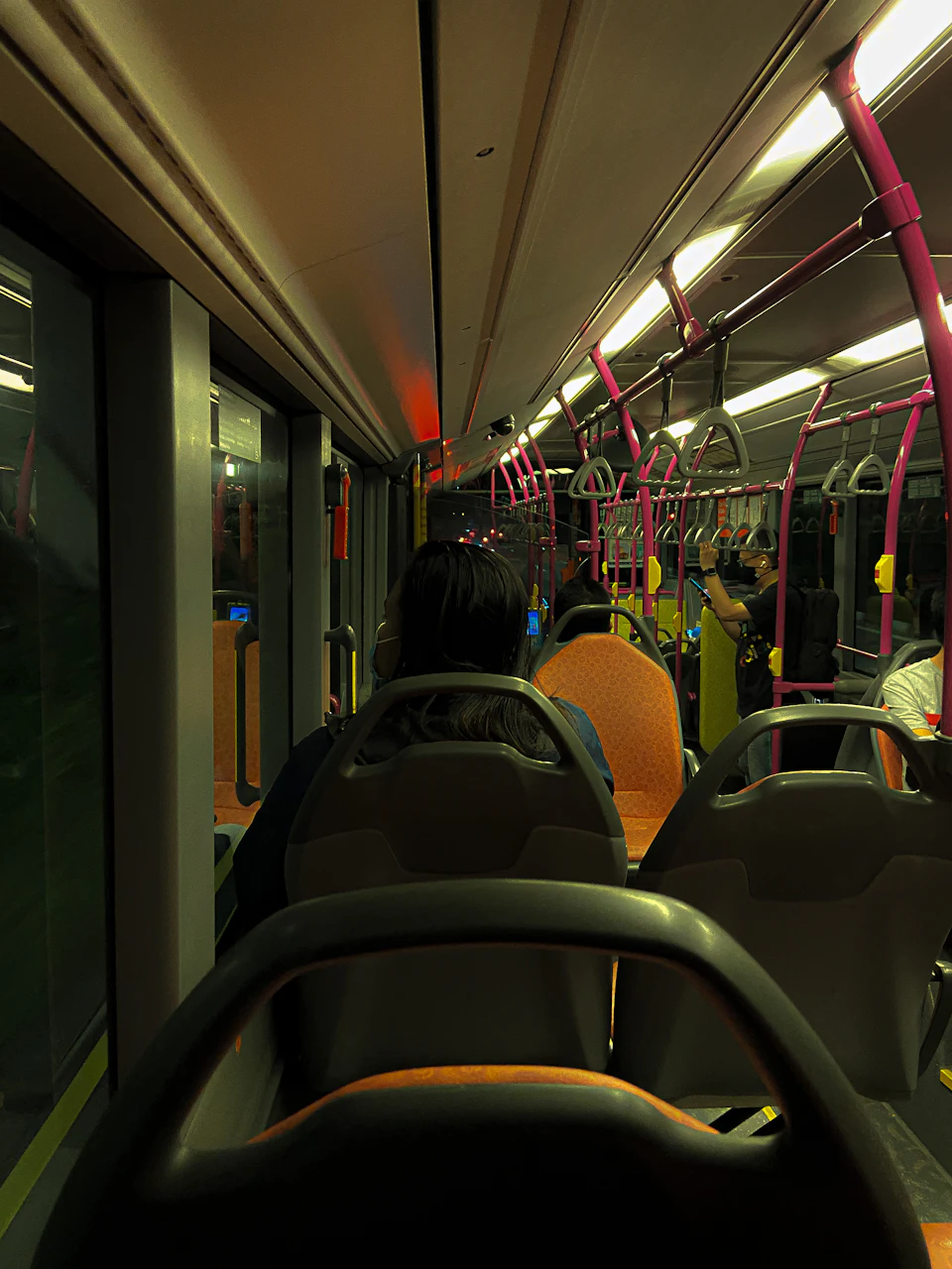 The image depicts a bus interior with pink and white seats, suggesting it is a public transportation vehicle. The perspective is from the back of the bus, looking towards the front, providing a clear view of the seating arrangement. There are at least six people visible in the scene, some sitting on the seats while others stand or walk around the bus.

The interior features multiple rows of seats with orange and black stripes, creating a visually striking contrast against the pink walls. The floor is covered by a white carpet that extends across the length of the bus, adding to its overall aesthetic appeal.