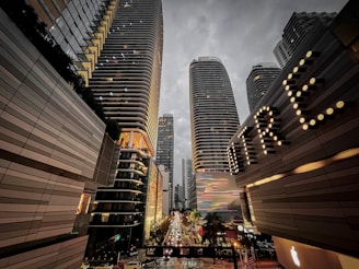 people walking on street near high rise buildings during night time