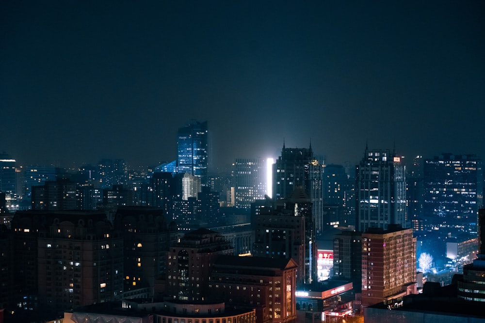 city skyline during night time