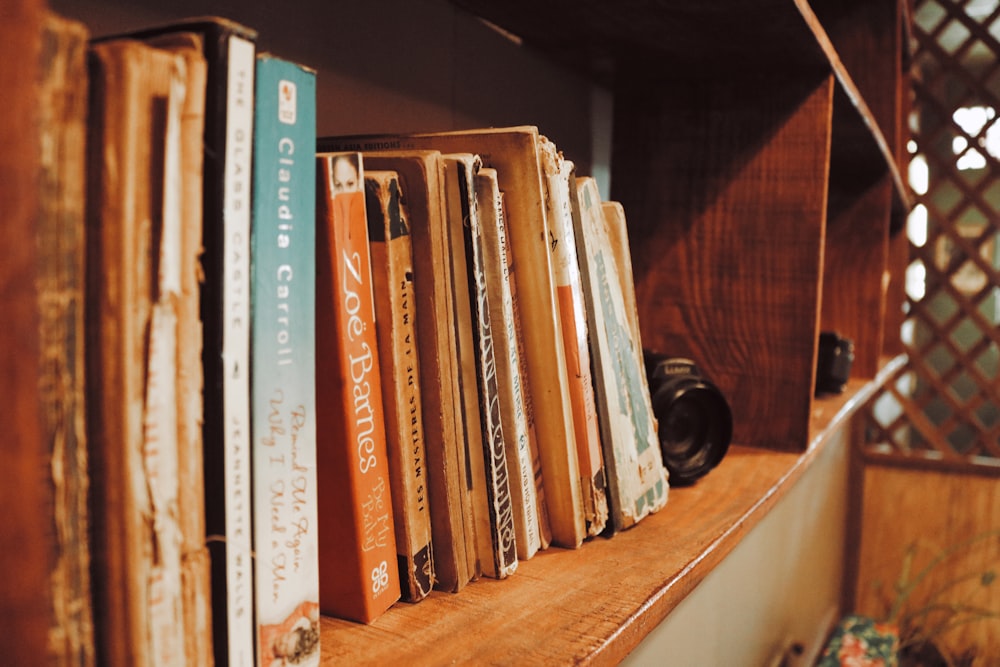 books on brown wooden shelf