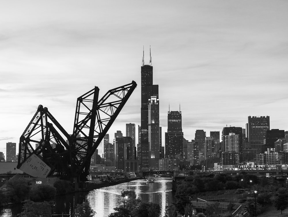 grayscale photo of high rise buildings