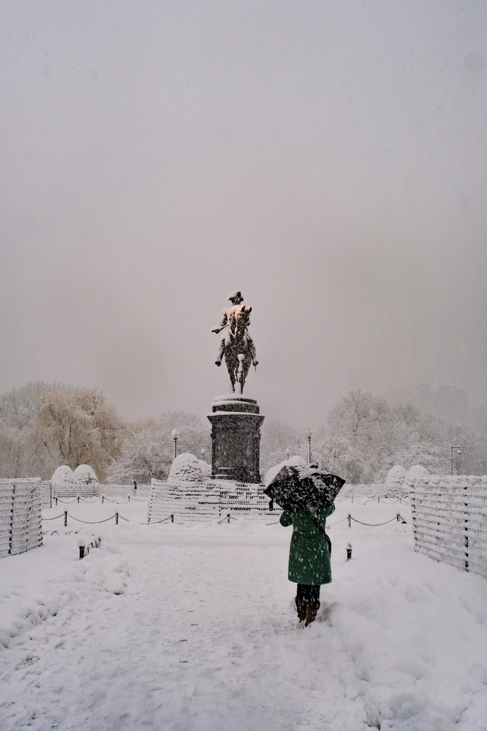 Person in grüner Jacke, die tagsüber auf einem schneebedeckten Feld steht