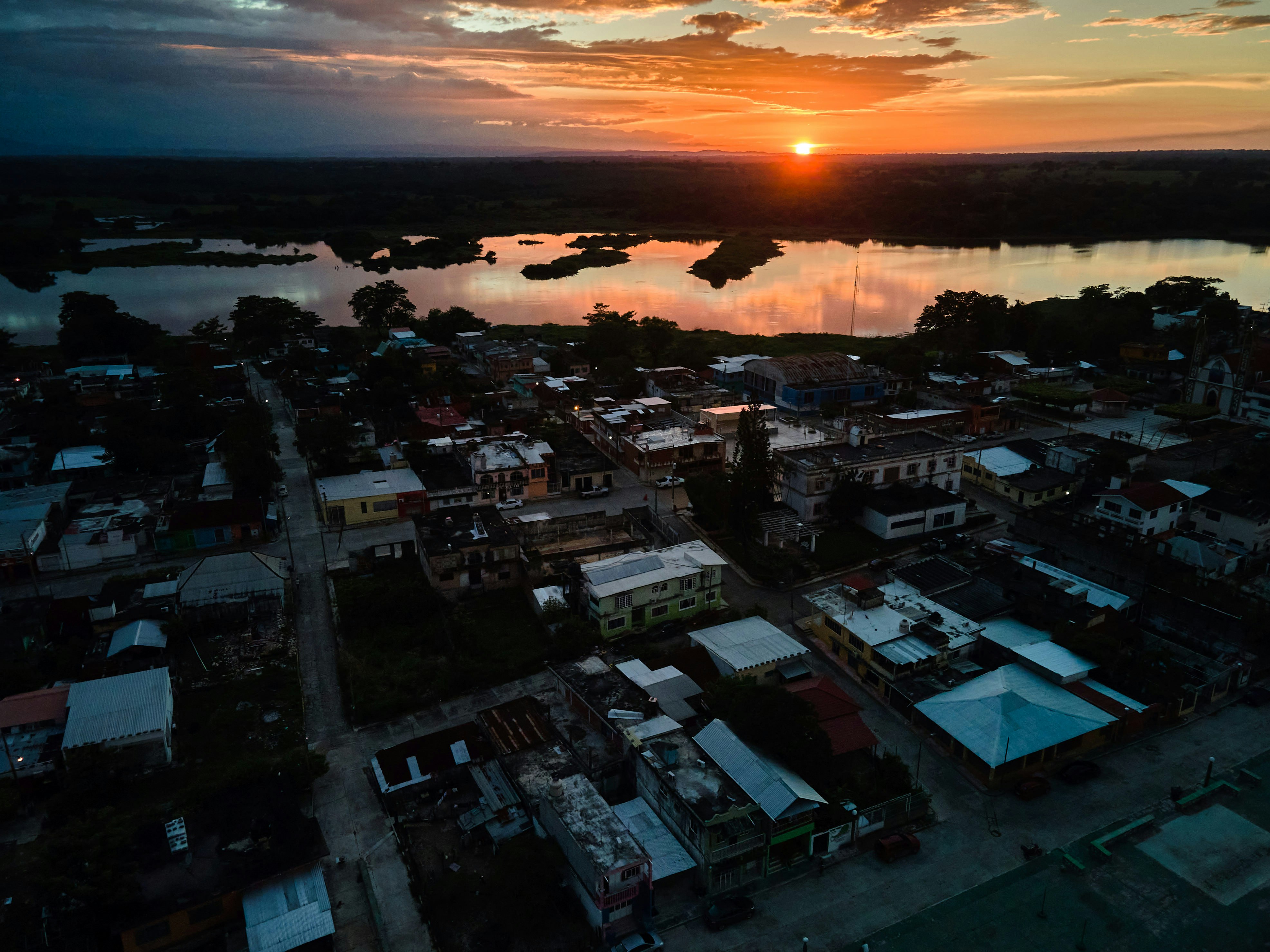 aerial view of city during sunset