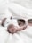 A pair of rose gold and white over-ear headphones is placed on a soft, white fabric. Beside the headphones, there is a pair of stylish sunglasses with tinted lenses. The arrangement suggests a casual and relaxed atmosphere.
