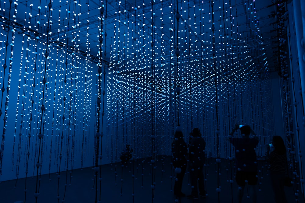 silhouette of people standing near blue string lights