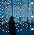 silhouette of woman standing in front of blue lights