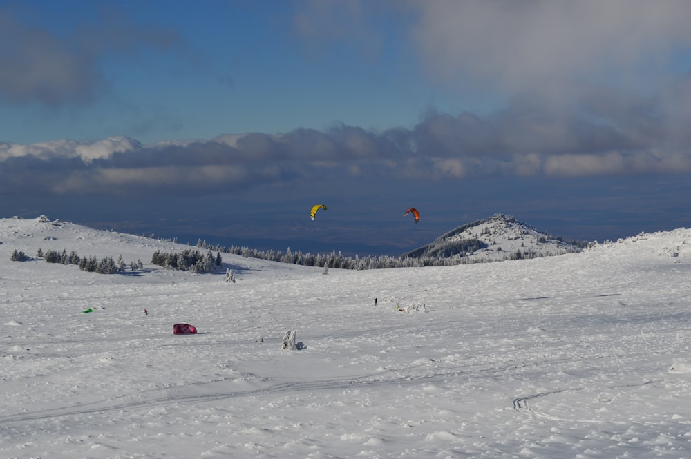 Persone sul campo coperto di neve sotto il cielo blu durante il giorno