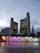 A modern urban scene featuring two curved high-rise buildings against a cloudy sky. In the foreground, a large colorful TORONTO sign is illuminated, accompanied by a series of water fountains. Surrounding the area are additional skyscrapers with lights starting to turn on as evening approaches.