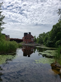 A serene pond is surrounded by lush green trees, with lily pads floating on the surface. In the background, a red-brick building stands under a partly cloudy sky. The building's reflection is visible in the calm water, adding to the tranquil atmosphere.