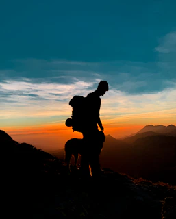 A vibrant sunset over a winding mountain trail with a dog happily exploring beside the traveler.