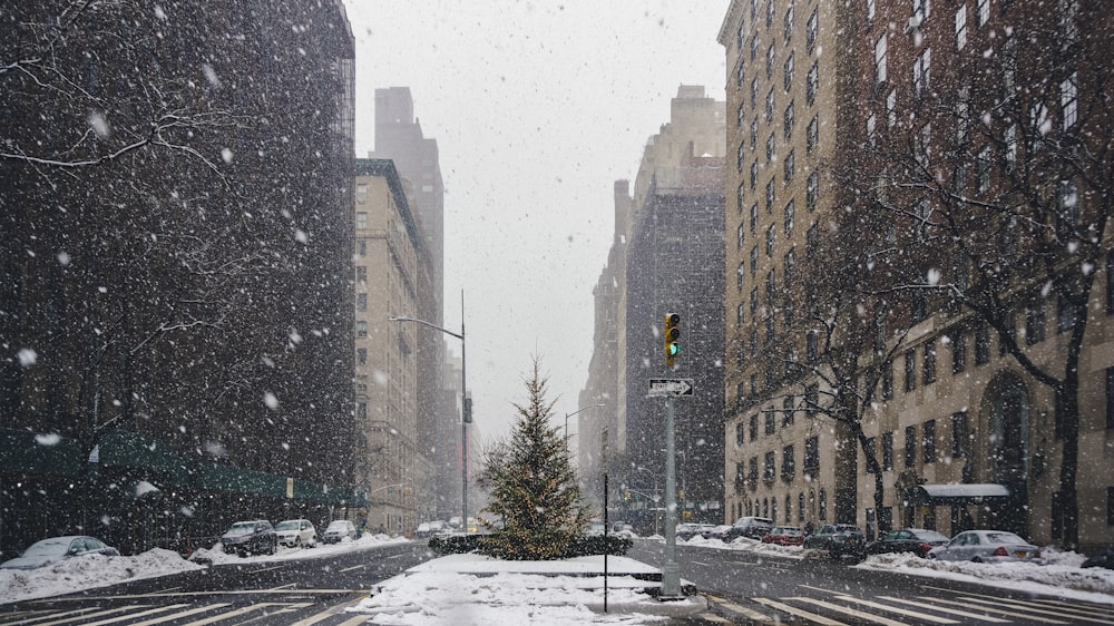 snow covered road between high rise buildings during daytime