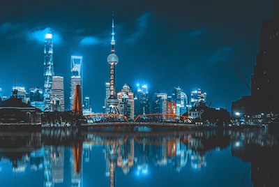city skyline across body of water during night time