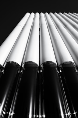 A monochromatic architectural image featuring a series of vertical, cylindrical structures that appear to be part of a building facade. The perspective is from below, looking up towards the sky, emphasizing the height and linearity of the design.