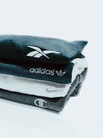 A neatly folded stack of four shirts, each bearing a different brand logo. The logos visible include Reebok, Adidas, Nike, and Champion. The shirts are stacked from top to bottom, showcasing a mix of dark and light colors.