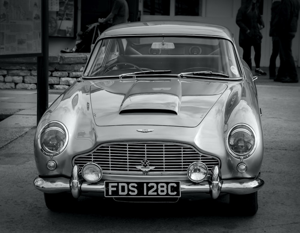 grayscale photo of classic car