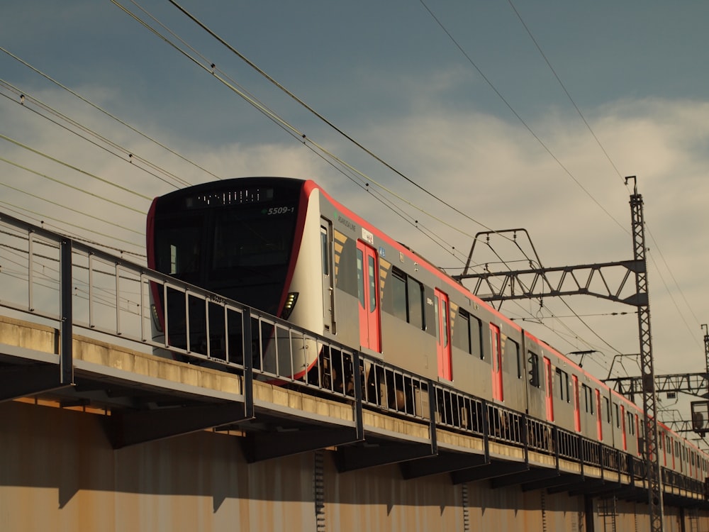 Tren rojo y blanco sobre raíles durante el día