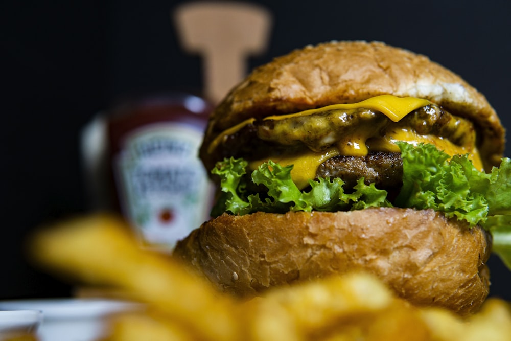 burger with lettuce and fries