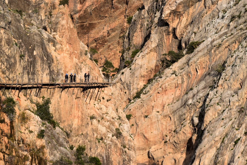 ponte de madeira marrom na montanha rochosa marrom durante o dia