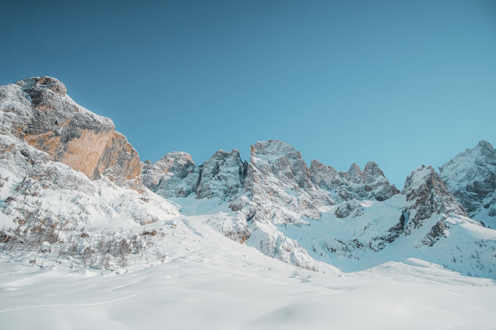 montanha coberta de neve sob o céu azul durante o dia