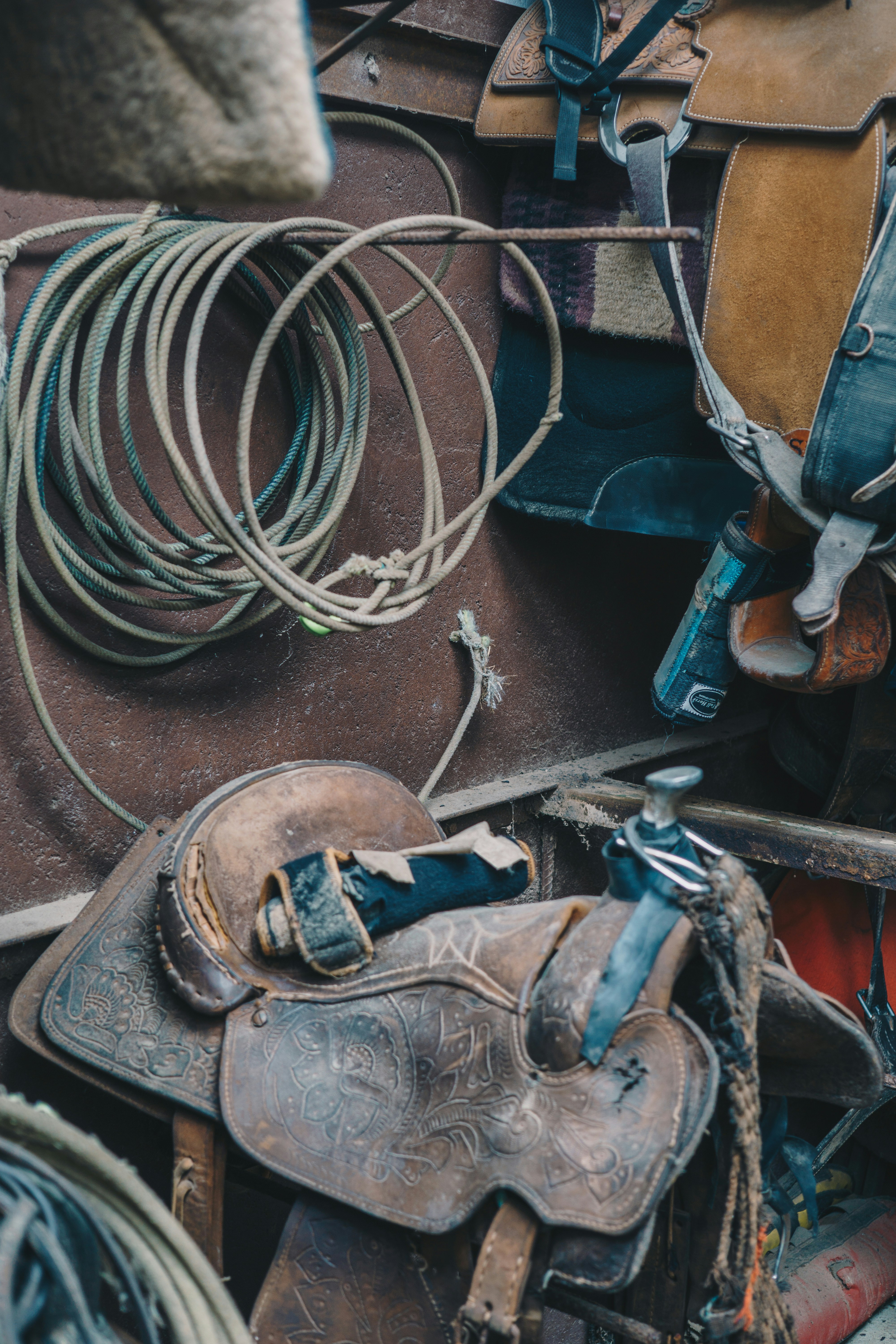 blue and brown leather boots