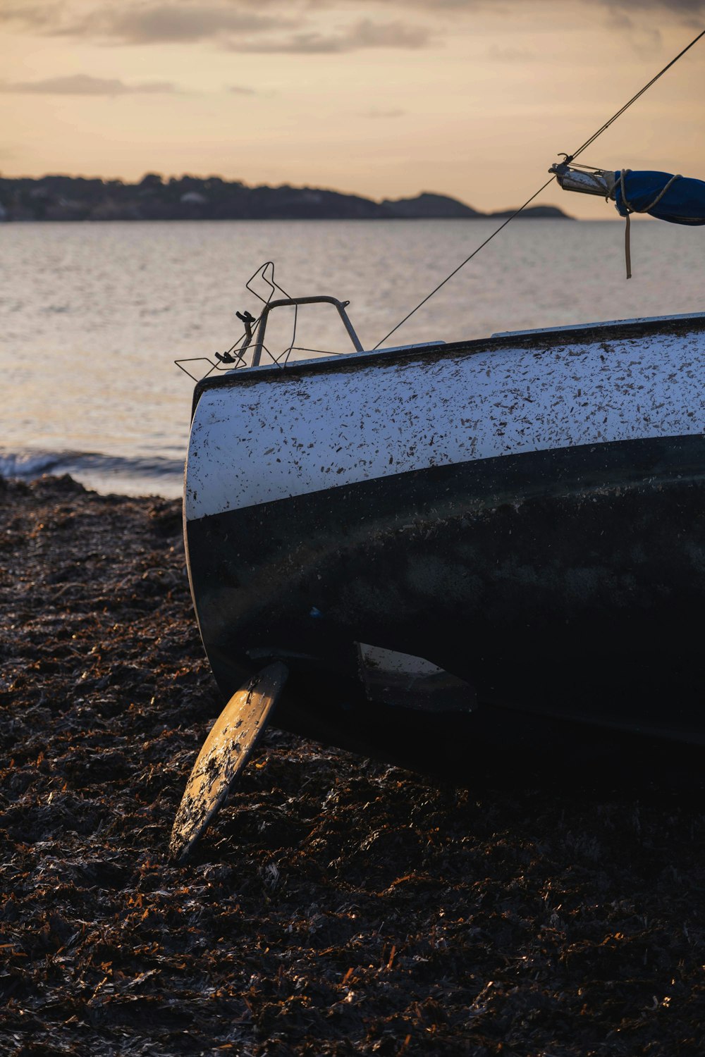 black and white boat on brown sand near body of water during daytime