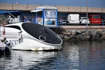 A modern boat with a sleek, black and white design is docked near a marina. Several cars are parked nearby, with a red car and a white van visible. There is a blue information kiosk displaying images of dolphins and marine life. The backdrop includes a stone breakwater and a concrete overpass.