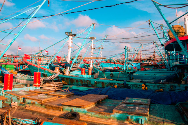 The busy port with fishing boats docked under a bright sky.