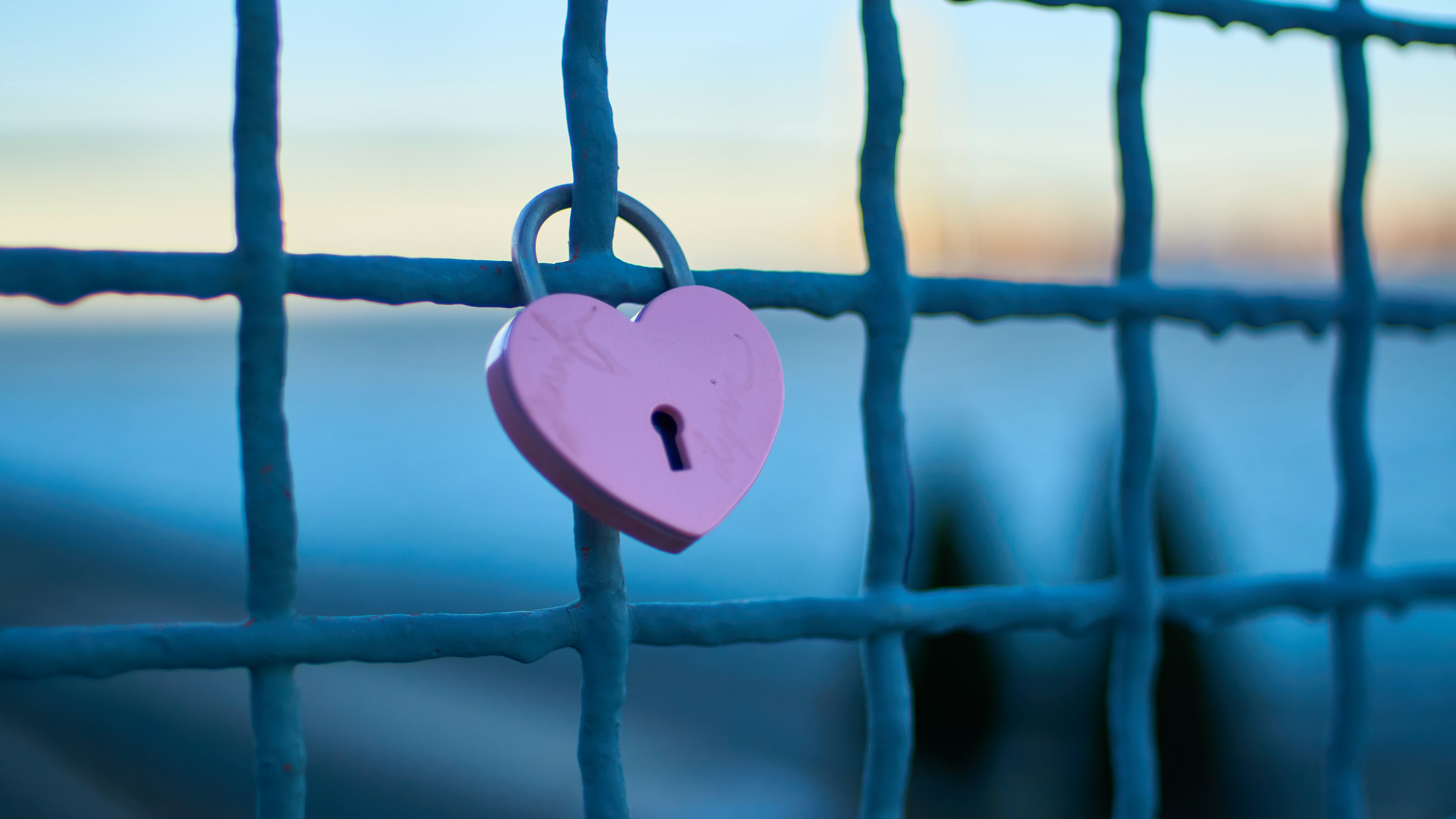 pink padlock on black metal fence