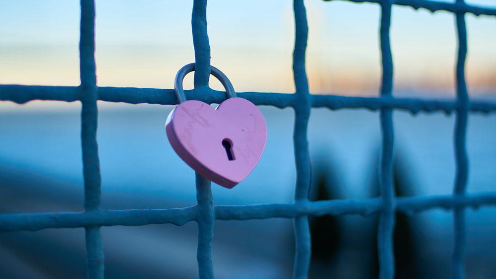 pink padlock on black metal fence