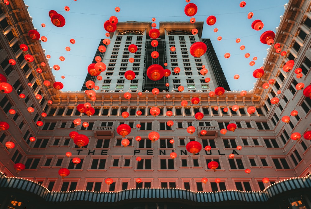 red and white hanging lanterns