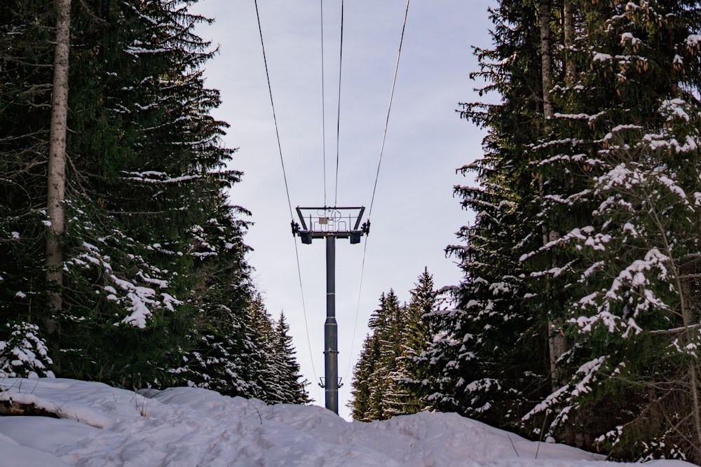 Schwarze Seilbahn über schneebedecktes Gelände