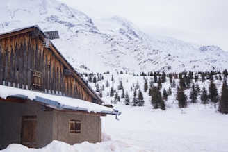 A rustic wooden cabin is nestled in a snowy landscape with a mountain range in the background. Pine trees dot the landscape, and the cabin's roof is covered with snow. A solar panel is mounted on the roof of the cabin.