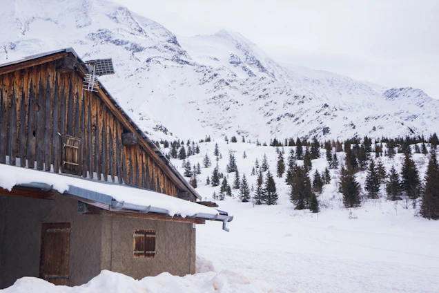 Technician applying cellulose insulation in a cozy wooden home in the Patagonian mountains.