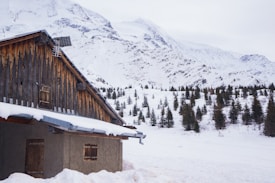 A rustic wooden cabin is nestled in a snowy landscape with a mountain range in the background. Pine trees dot the landscape, and the cabin's roof is covered with snow. A solar panel is mounted on the roof of the cabin.