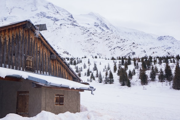 A rustic wooden cabin is nestled in a snowy landscape with a mountain range in the background. Pine trees dot the landscape, and the cabin's roof is covered with snow. A solar panel is mounted on the roof of the cabin.