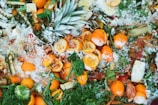 A mixture of discarded fruits and vegetables covered in a layer of frost. Oranges, lemons, a pineapple top, and assorted green leafy vegetables such as spinach and broccoli can be seen. The composition suggests food waste with an emphasis on citrus fruits.