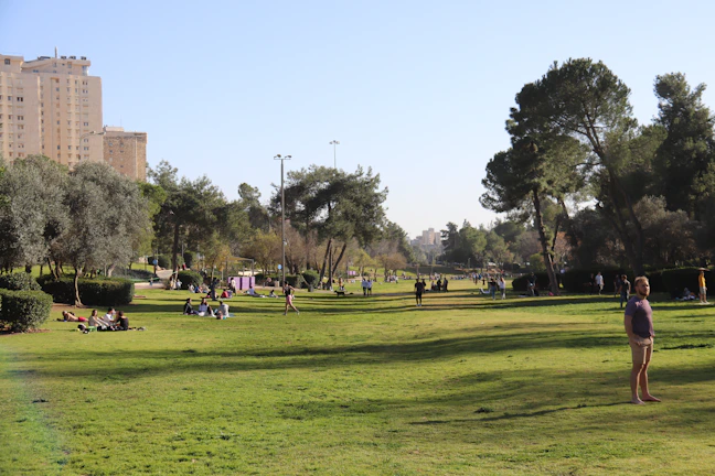 Residents enjoying a sunny afternoon surrounded by green lawns and flowering plants