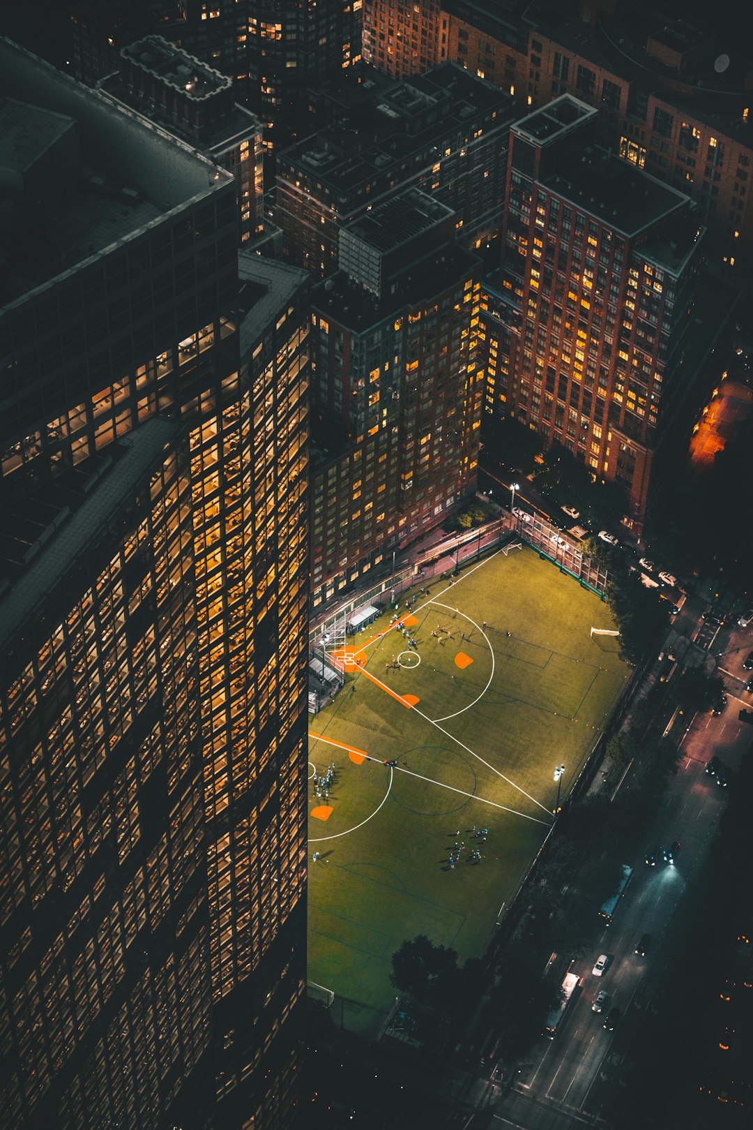 aerial view of basketball court during night time