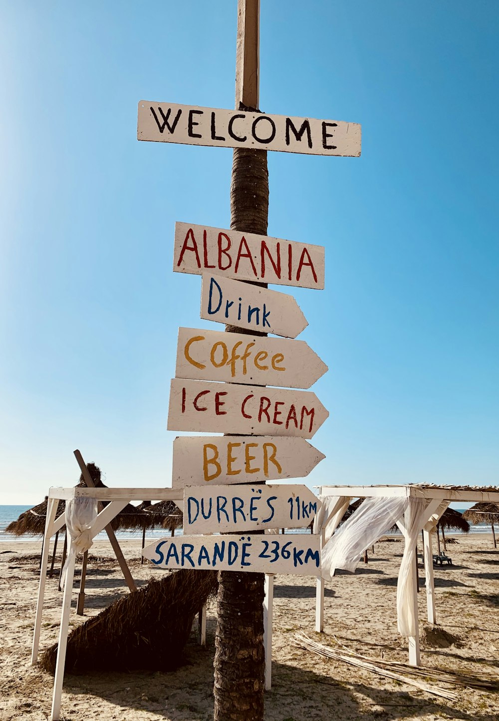 Señalización de madera marrón de bienvenida a la playa