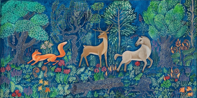 white and brown horse painting