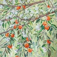 An oil painting depicting branches filled with ripe oranges hanging among lush green leaves and delicate white blossoms. The composition is vibrant, showcasing the rich textures and colors of the foliage and fruit.