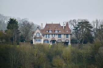 white and brown concrete house surrounded by green trees under white sky during daytime
