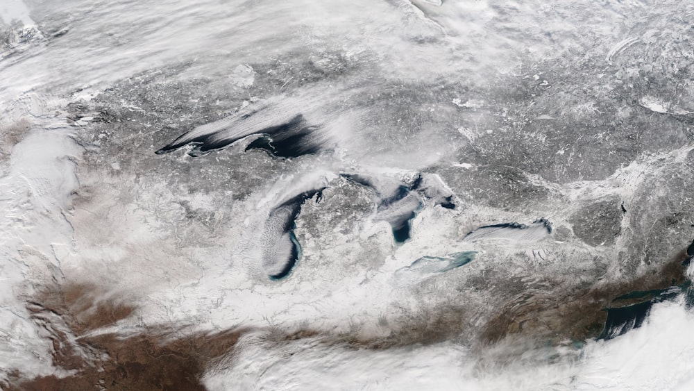 Aerial of the Great Lakes covered by snow
