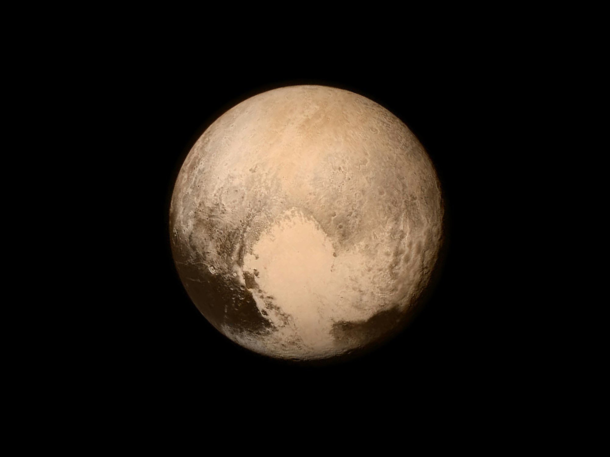 Pluto as seen from the New Horizons spacecraft in 2015 at a distance of 476,000 miles