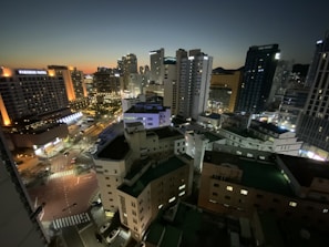 View from the hotel room window overlooking the city skyline at dusk.